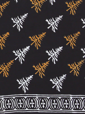Black Yellow Handloom Dabu Handblock Print Bagru Saree - Kalakari India