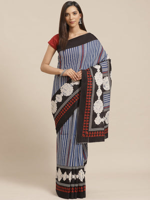 Blue and Red, Kalakari India Pure Cotton Handblock Printed Saree and Blouse RCBGSA0019 - Kalakari India