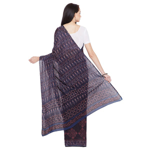 Blue & Red Indigo Hand Block Print Handcrafted Cotton Saree - Kalakari India