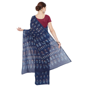 Blue & Red Indigo Hand Block Print Handcrafted Cotton Saree - Kalakari India