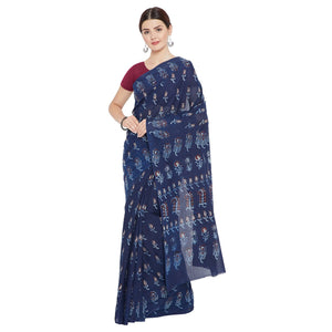 Blue & Red Indigo Hand Block Print Handcrafted Cotton Saree - Kalakari India