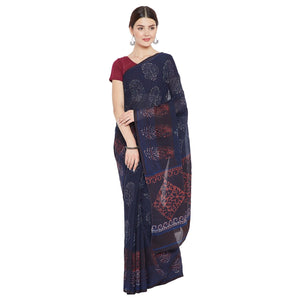 Blue & Red Indigo Hand Block Print Handcrafted Cotton Saree - Kalakari India