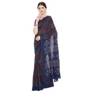 Blue & Red Indigo Hand Block Print Handcrafted Cotton Saree - Kalakari India