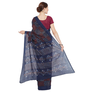 Blue & Red Indigo Hand Block Print Handcrafted Cotton Saree - Kalakari India