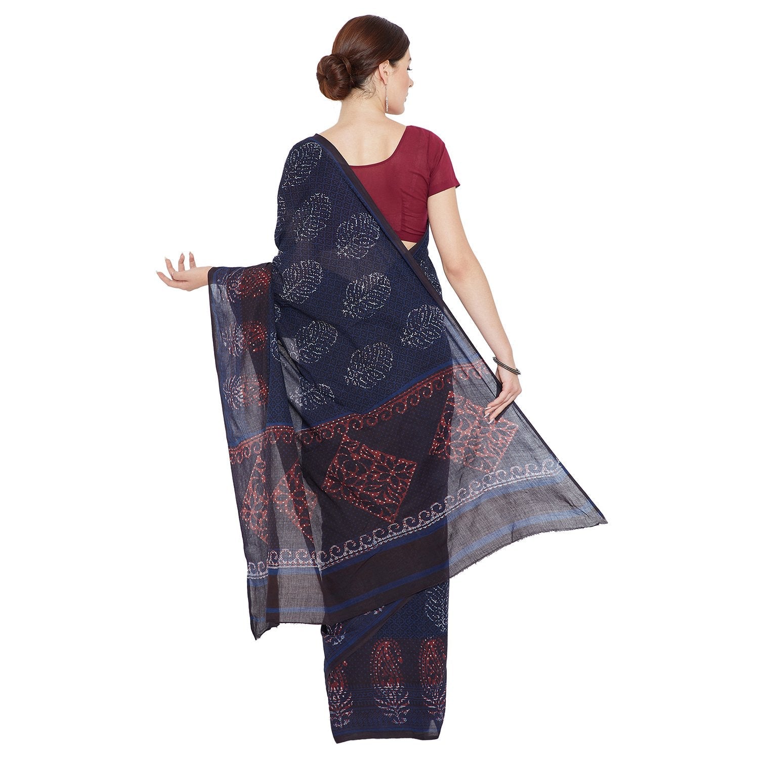 Blue & Red Indigo Hand Block Print Handcrafted Cotton Saree - Kalakari India