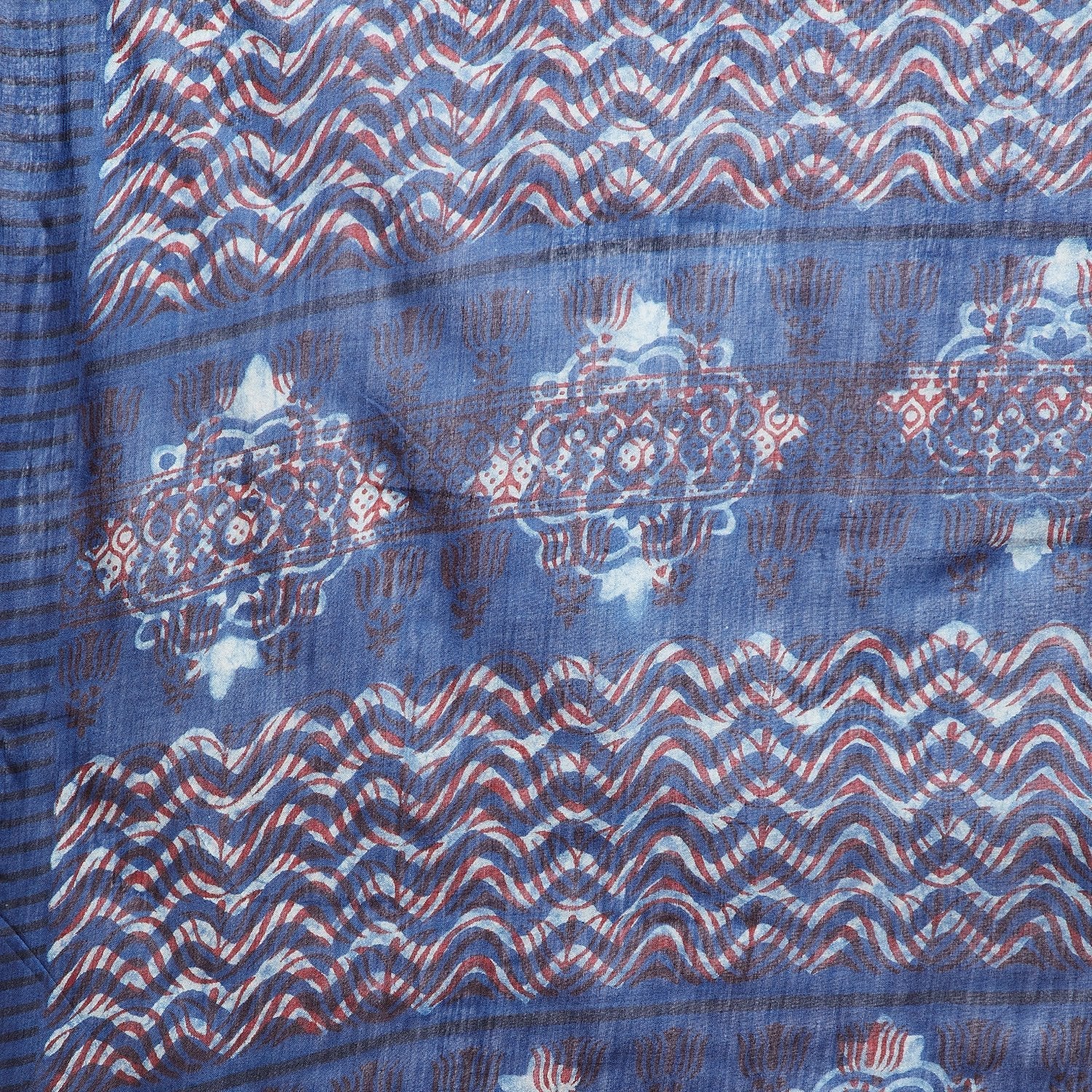 Blue & Red Indigo Hand Block Print Handcrafted Cotton Saree - Kalakari India