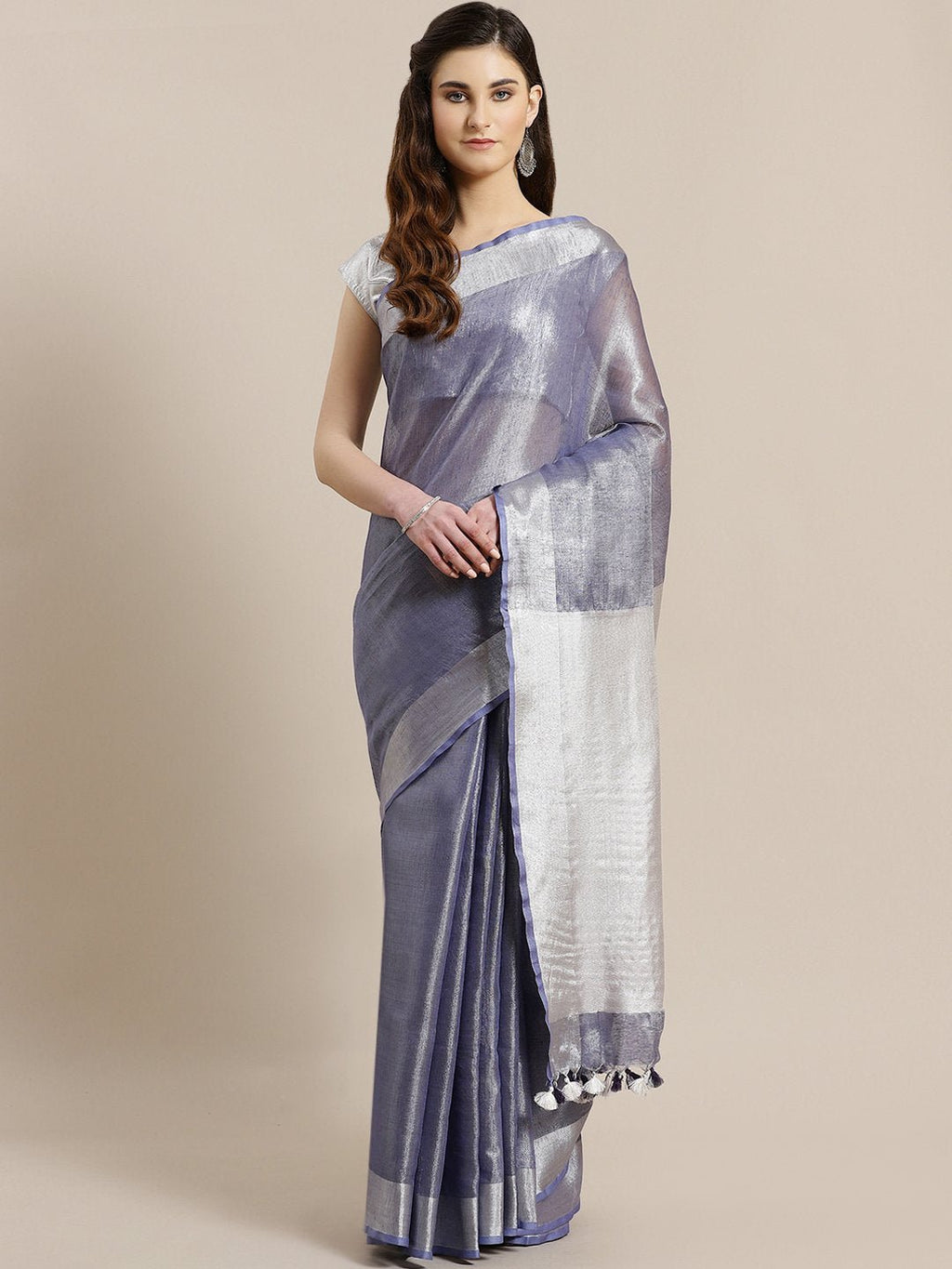 Blue Silver Dual-Tone Handwoven Handcrafted Solid Saree - Kalakari India