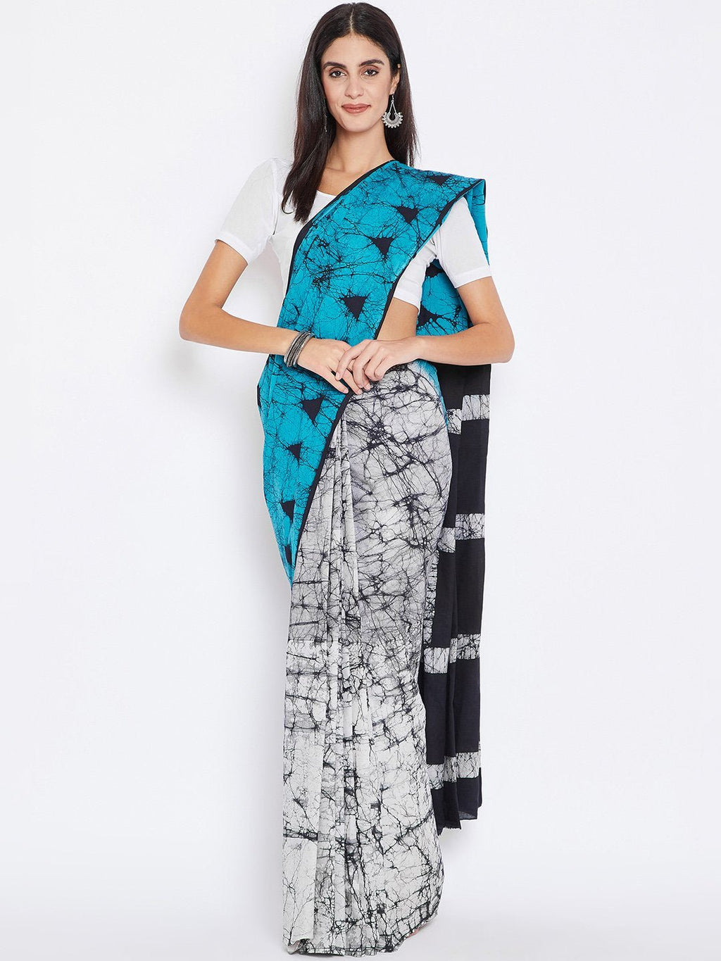 Blue & White Batik Dyed Handcrafted Cotton Saree - Kalakari India