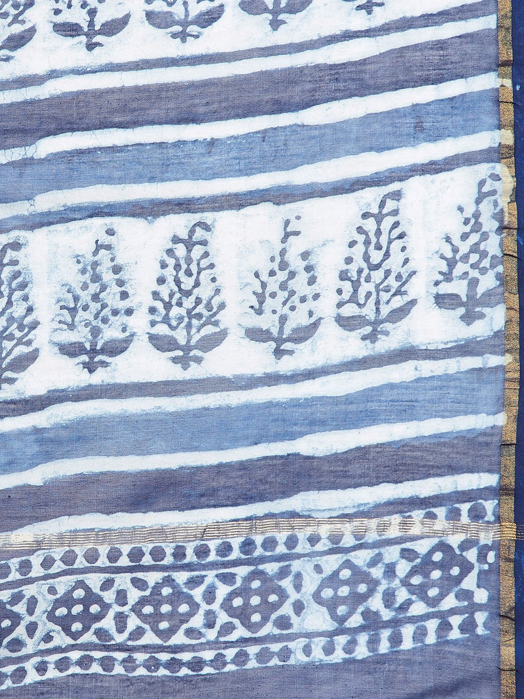 Blue & White Chanderi Silk Cotton Hand Block Print Handcrafted Saree - Kalakari India