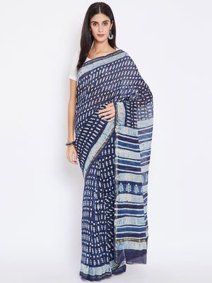 Blue & White Chanderi Silk Hand Block Print Handcrafted Saree - Kalakari India