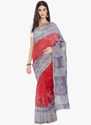 Blue & White Chanderi Silk Hand Block Print Handcrafted Saree - Kalakari India