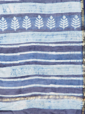 Blue & White Chanderi Silk Hand Block Print Handcrafted Saree - Kalakari India