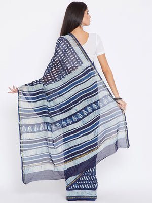 Blue & White Chanderi Silk Hand Block Print Handcrafted Saree - Kalakari India