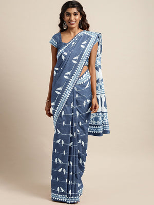 Blue White Dabu Handblock Print Bagru Saree - Kalakari India