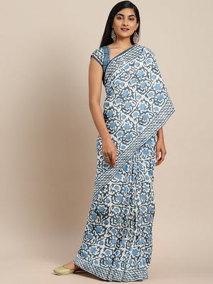 Blue White Dabu Handblock Print Handcrafted Bagru Saree - Kalakari India