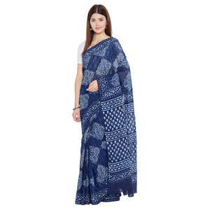 Blue & White Indigo Hand Block Print Handcrafted Cotton Saree - Kalakari India