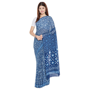 Blue & White Indigo Hand Block Print Handcrafted Cotton Saree - Kalakari India