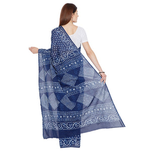 Blue & White Indigo Hand Block Print Handcrafted Cotton Saree - Kalakari India