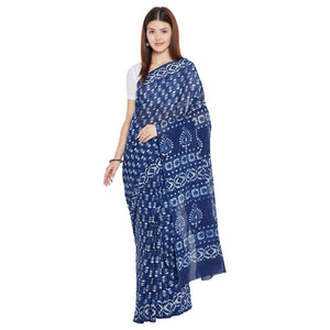 Blue & White Indigo Hand Block Print Handcrafted Cotton Saree - Kalakari India