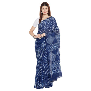Blue & White Indigo Hand Block Print Handcrafted Cotton Saree - Kalakari India