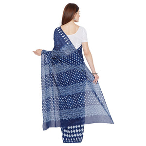 Blue & White Indigo Hand Block Print Handcrafted Cotton Saree - Kalakari India