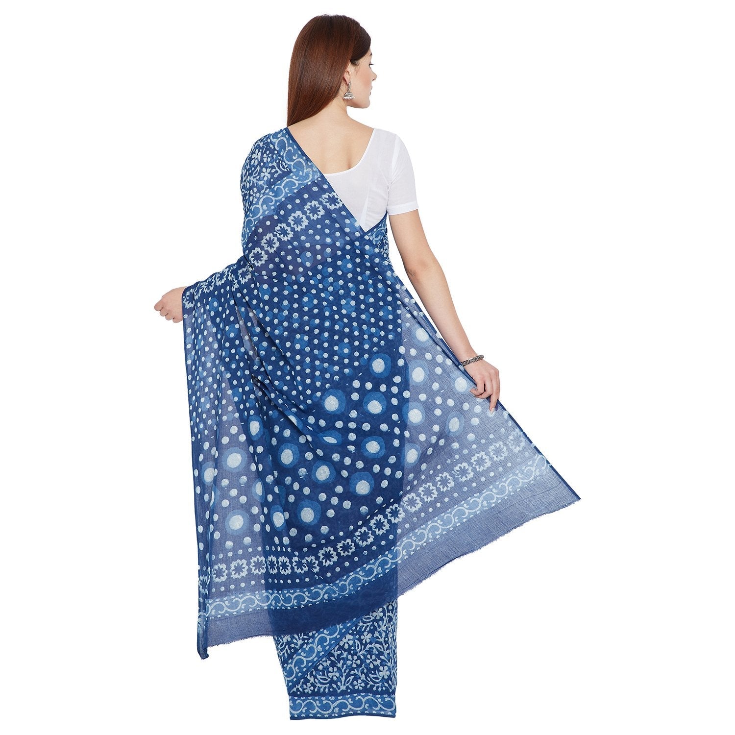 Blue & White Indigo Hand Block Print Handcrafted Cotton Saree - Kalakari India