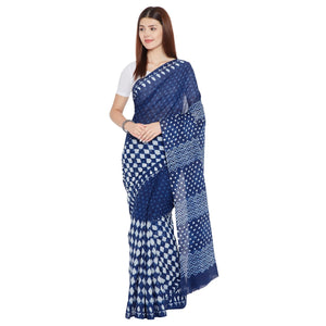 Blue & White Indigo Hand Block Print Handcrafted Cotton Saree - Kalakari India