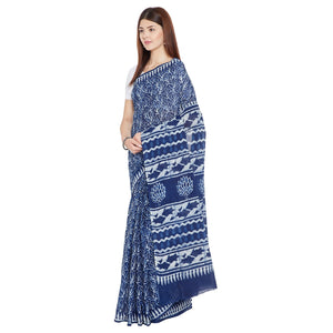 Blue & White Indigo Hand Block Print Handcrafted Cotton Saree - Kalakari India