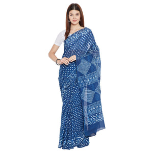 Blue & White Indigo Hand Block Print Handcrafted Cotton Saree - Kalakari India