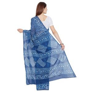 Blue & White Indigo Hand Block Print Handcrafted Cotton Saree - Kalakari India