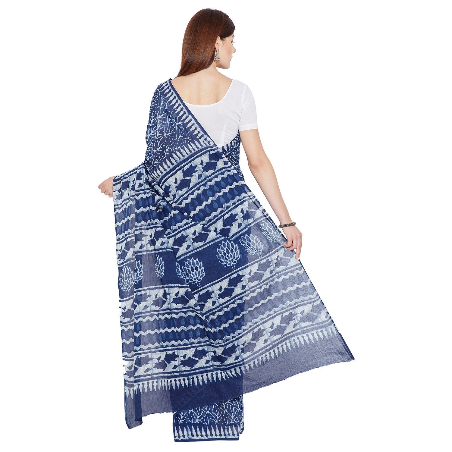 Blue & White Indigo Hand Block Print Handcrafted Cotton Saree - Kalakari India