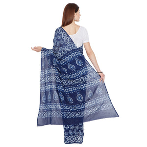 Blue & White Indigo Hand Block Print Handcrafted Cotton Saree - Kalakari India